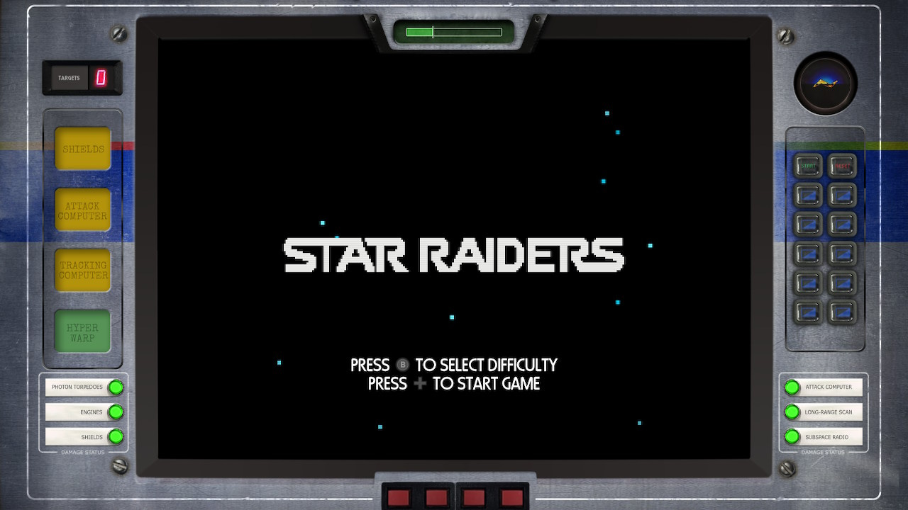 A screenshot of the Star Raiders title screen from the Atari 50 edition of the game, which is available when you play an "Enhanced" or "Enhanced and Overclocked" version of the game. On the sides of the screen is a border that shows the various systems of your ship, like whether your shields or attack computer are on, and which systems are healthy (indicated by a green light), like photon torpedoes or engines. The title screen is a black background with stars, and the words "Star Raiders" in all capital letters.