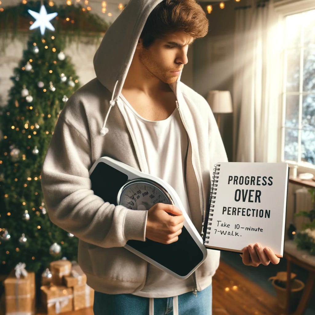 A motivational image of a person in casual workout clothes, looking at a scale with a doubtful expression, standing in a cozy room. In the background, there is a Christmas tree with festive decorations. The person is holding an open notebook that reads 'Progress Over Perfection' at the top with one visible action underneath: 'Take a 10-Minute Walk.' The room is softly lit with natural sunlight streaming through a window, creating a hopeful and reflective atmosphere.