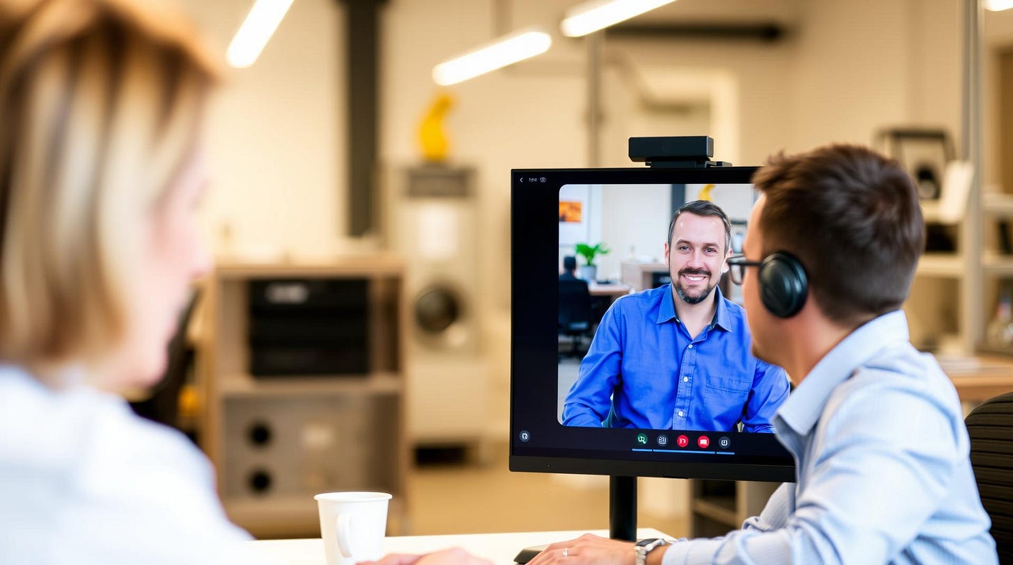 A pair of coworkers engaged in a video call during a business meeting