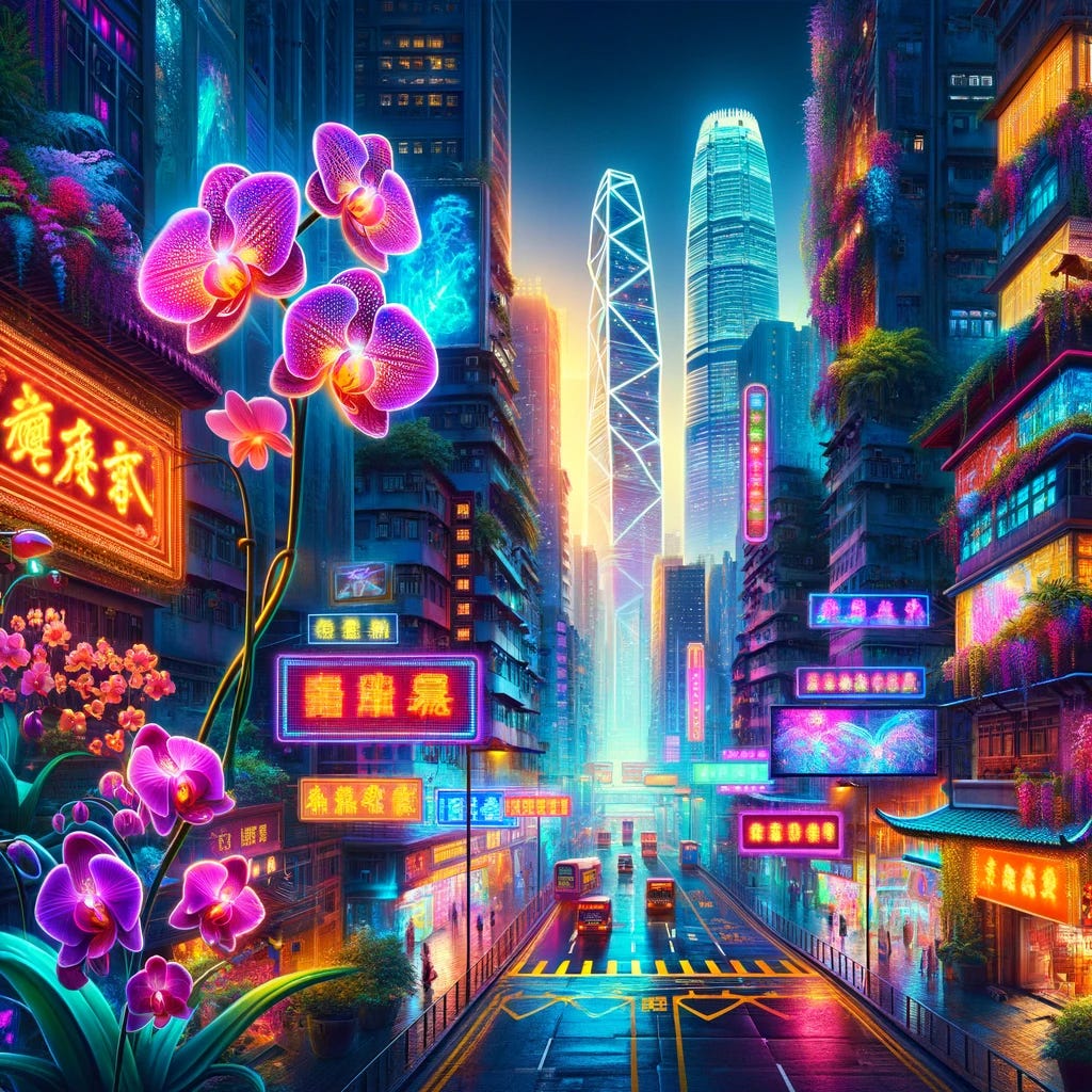 A vibrant and artistic representation of 'The Neon Orchids of Hong Kong Island,' capturing an exotic, cyberpunk aesthetic. The scene is set in a futuristic Hong Kong, where the cityscape is illuminated by neon lights and digital billboards. Lush, bioluminescent orchids in vivid colors grow abundantly, blending natural beauty with high-tech urban elements. The architecture reflects a fusion of traditional Eastern designs and futuristic constructions, with skyscrapers adorned in neon and holographic displays. Streets are bustling with diverse, cyber-enhanced inhabitants, showcasing a blend of cultural and technological evolution. This artwork embodies a lively and exotic cyberpunk vision, rich in artistic flair and Eastern mystique.