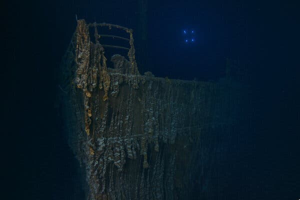 The bow of the Titanic and an area where the railing is missing.