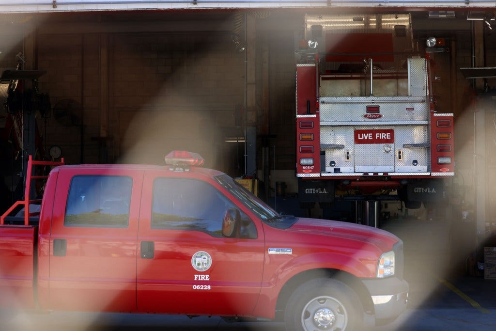 Fire fighting trucks awaiting repair at the Los Angeles facility 