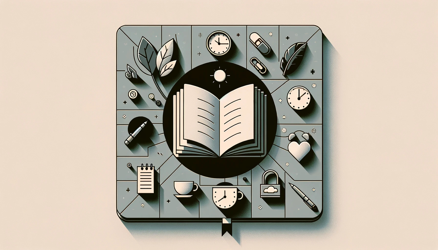 A refined and minimalistic image depicting the concept of not writing a diary about daily encounters, focusing on the emotional struggle and feeling of insufficiency while trying to maintain a life rhythm. The image should include symbols of unwritten pages, a clock showing late night hours, and a subdued color palette to represent the feeling of being unfulfilled and constantly tired. The style should be clean and simple with very few elements, in a 16:9 aspect ratio.