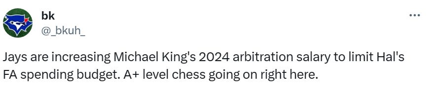 @_bkuh_: Jays are increasing Michael King's 2024 arbitration salary to limit Hal's FA spending budget. A+ level chess going on right here.