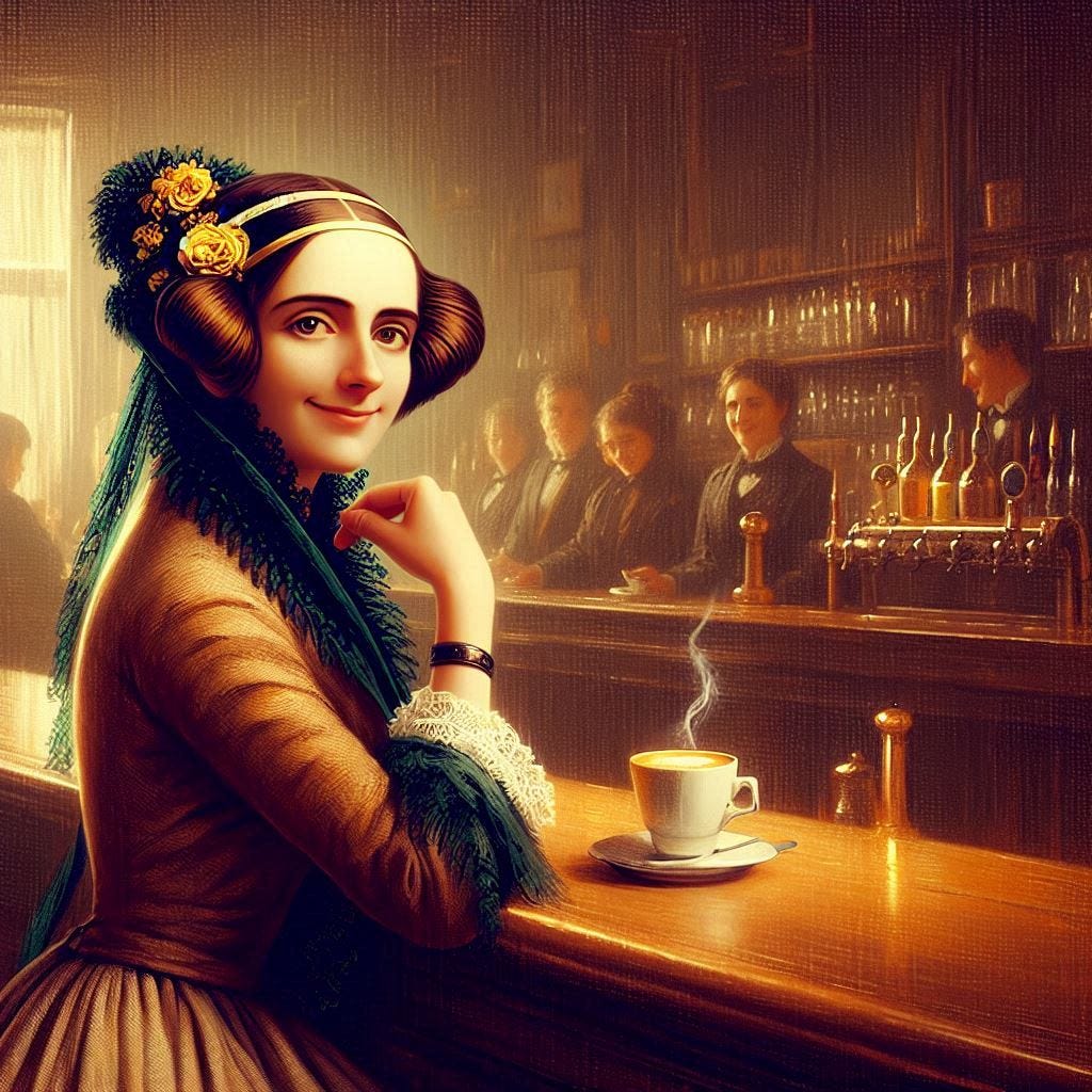 genera un immagine di ada lovelace che prende un caffè seduta ad un bar, l'immagine la raffigura in primo piano mentre sorride e guarda l'osservatore. Lo stile dell'immagine deve essere quello di un dipinto dell'800. Ada deve essere l'unica persona presente nell'immagine