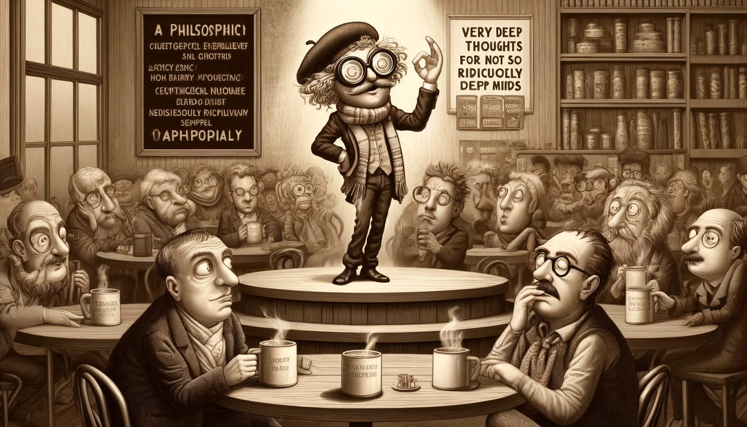 Create a humorous illustration in a sepia tone, depicting a scene in a cozy cafe. Center stage, a character is flamboyantly gesturing with one hand aloft as if unveiling grand ideas, clutching a steaming mug with the other hand. Their appearance is comically exaggerated with oversized round glasses, a flamboyant beret, and a colorful scarf, parodying a cliché 'intellectual'. Their audience consists of a few onlookers, showing varying degrees of bewilderment and amusement. On the table, an array of books with comically simplistic titles like 'Very Deep Thoughts for Not So Deep Minds' and 'Philosophy Made Ridiculously Simple' are visible. In the background, a chalkboard features creatively named coffees such as 'Metaphysical Mocha' and 'Categorical Imperative Cappuccino', adding a playful nod to philosophical jargon. The sepia tone lends a vintage feel to the scene, reminiscent of old photographs, yet the mood is light and whimsically satirical, highlighting the character's faux intellectualism.