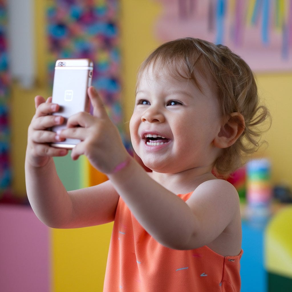 A photo of a joyful and playful child with a bright orange outfit holding a mobile phone, attempting to take a photo of the camera. The background is a vibrant room with colorful patterns and objects. The photo has a realistic style.