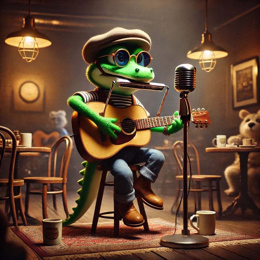 Croaky, a small, cute anthropomorphic green gator, is dressed as Bob Dylan during his iconic 1960s folk music era. He wears a striped shirt, sunglasses, and a harmonica holder around his neck while playing an acoustic guitar on a cozy stage set against a dimly lit, intimate coffeehouse backdrop. The setting includes a vintage microphone, small tables with coffee cups, and an audience of various anthropomorphic animals enjoying the performance. The atmosphere is warm and nostalgic, with soft lighting casting a golden glow over the scene.