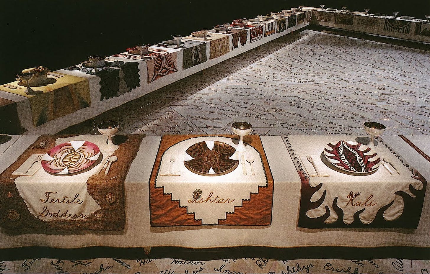 WOMENSART on X: "The Dinner Party (detail) (1979), installation by Judy  Chicago, regarded as first epic feminist artwork #womensart  https://t.co/jbPNvThh67" / X