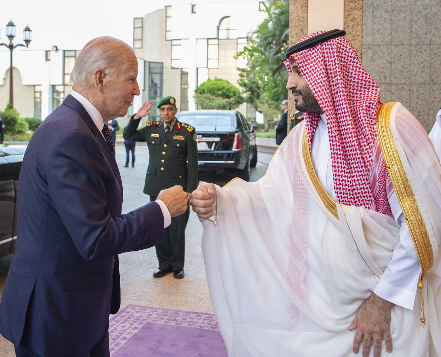 (President Joe Biden fist bumps Saudi Crown Prince Mohammed bin Salman in Jeddah, Saudi Arabia, on July 15, 2022. Photo by Royal Court of Saudi Arabia/Handout/Anadolu Agency via Getty Image)