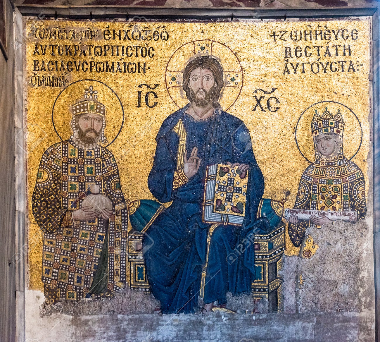 Byzantine Mosaic Of Jesus Christ Is Sitting On Throne With Empress Zoe And  Emperor Constantine IX Monomachus In Hagia Sophia,Greek Orthodox Christian  Church.Istanbul, Turkey,March,11 2017. Stock Photo, Picture and Royalty  Free Image.