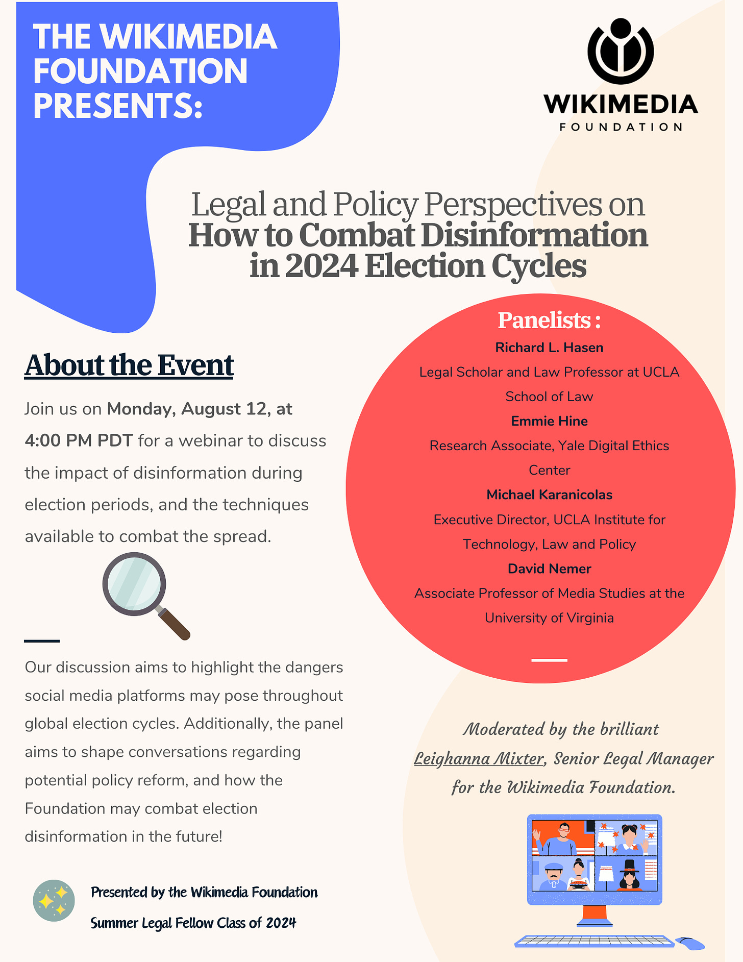 A poster for the Wikimedia Foundation Presents: Legal and Policy Perspectives on How to Combat Disinformation in 2024 Election Cycles.