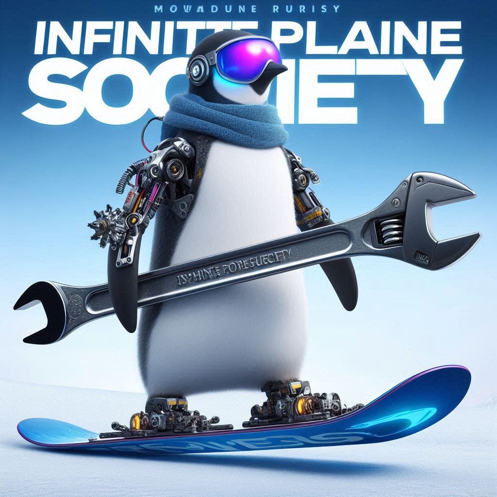 cyborg penguin carries a blue wrench on electric snowboard with movie title font "INFINITE PLANE SOCIETY"