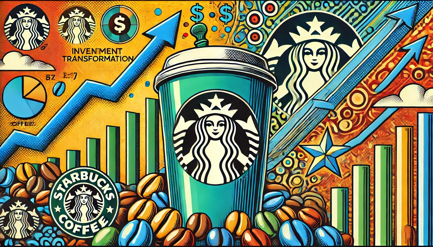 A vibrant, pop-art style 16:9 illustration representing Starbucks' increased dividends and transformation. The image should feature the iconic Starbucks logo prominently, with investment-related colors like green, blue, and gold to symbolize financial success. The background should show financial growth symbols like upward-trending stock charts, coffee beans, and arrows, blending the idea of business transformation and coffee culture with economic growth.