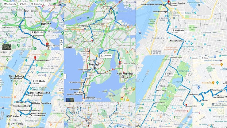 Collage of maps of New York, Boston, Mumbai, and Hyderabad with restaurant food touring route marked for travel