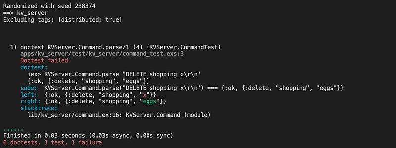 A failed test case as reported by mix test.