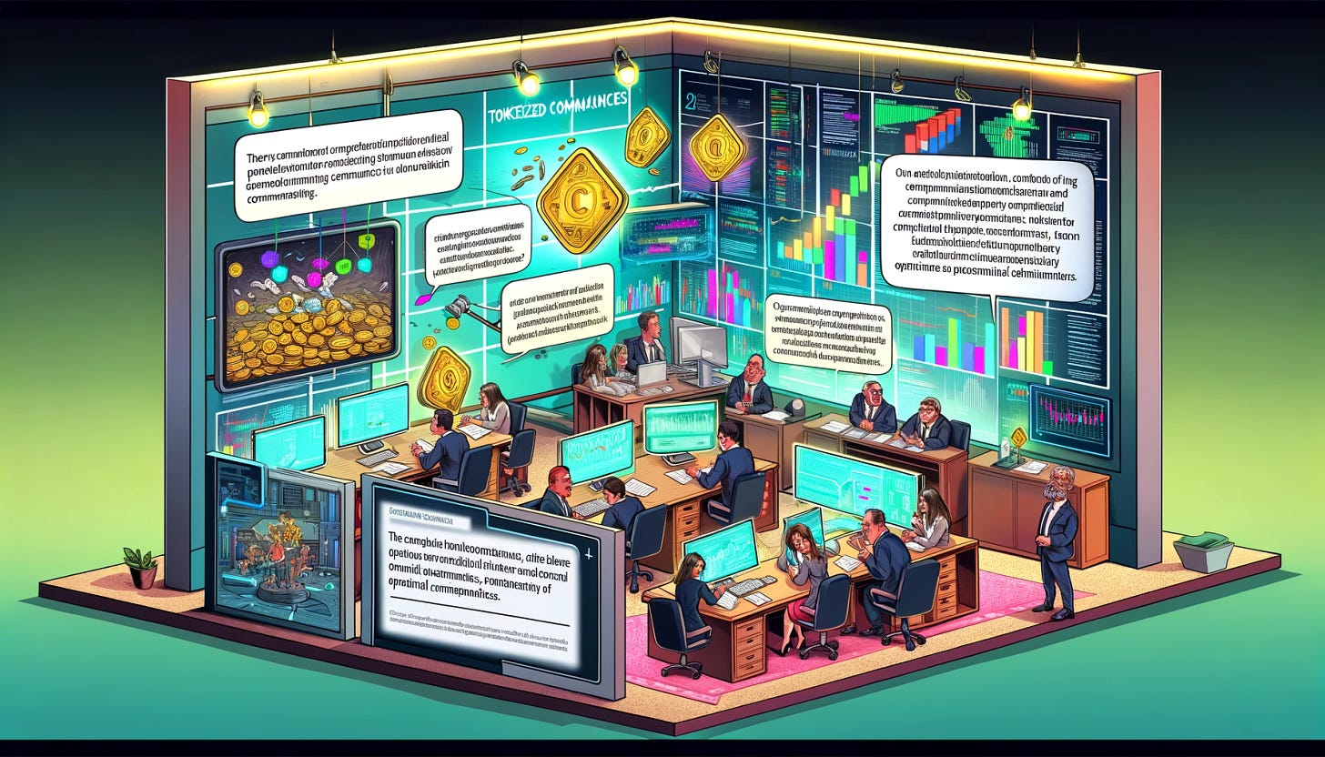A colorful cartoon illustration in a 16:9 format, depicting a dynamic legal office scene where lawyers and financial experts are navigating the complexities of tokenized commodities in 2024. The setting shows a bustling office with lawyers examining documents, digital screens displaying regulatory frameworks, and charts of tokenized commodities. One area highlights a discussion on compliance and operational legitimacy, emphasizing the importance of navigating the legal landscape to avoid repercussions. The cartoon style is lively and informative, focusing on the intricate details of the legal and regulatory framework.
