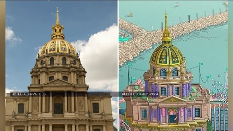 Le dôme des Invalides à gauche et comment il est représenté sur l'affiche des JO de Paris à droite. 