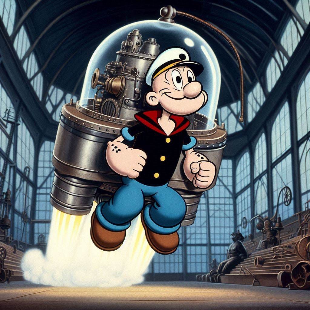 Popeye with jetpack, indoors, metal dome, 1930s cartoon