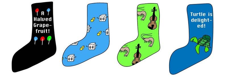 Cartoons of socks: One has violins and prawns, another has robots posing with butter