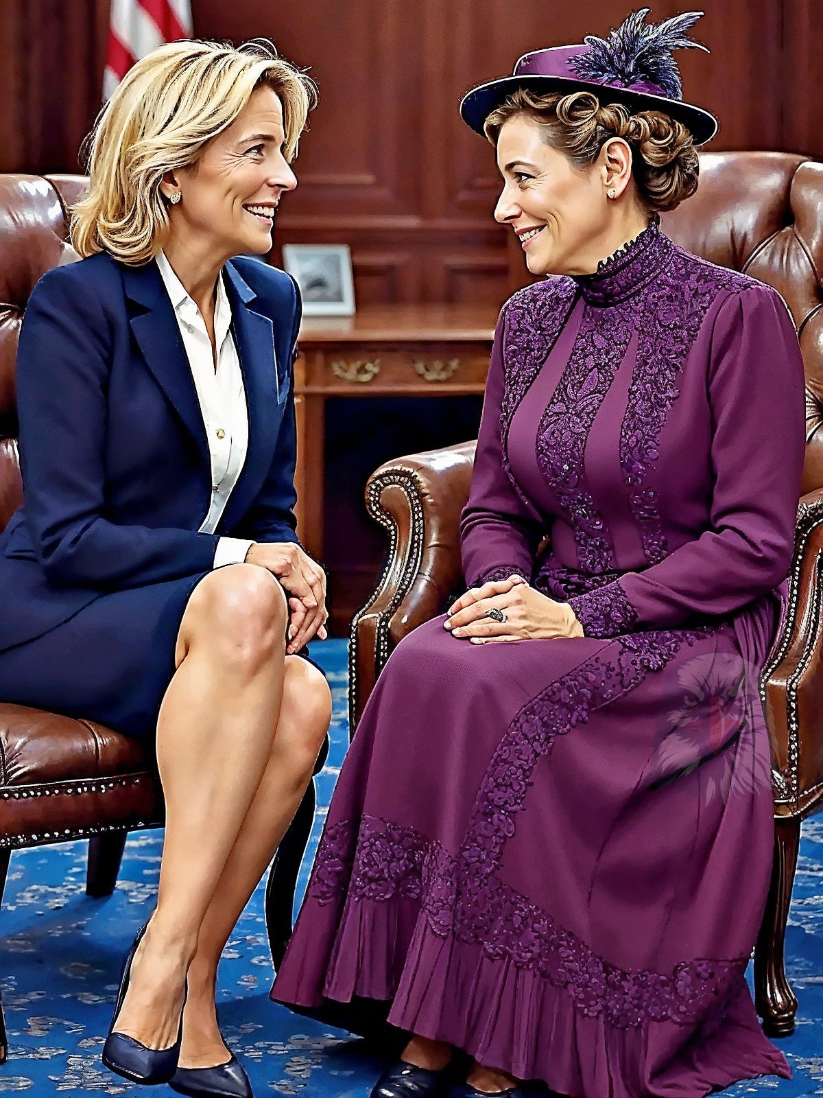 A refined graphic political cartoon depicting a historic first meeting between Jill Biden and Edith Wilson, the two First Ladies known as shadow Presidents, set in the Oval Office. A refined graphic political cartoon depicting a historic first meeting between Jill Biden and Edith Wilson, the two First Ladies known as shadow Presidents, set in the Oval Office.