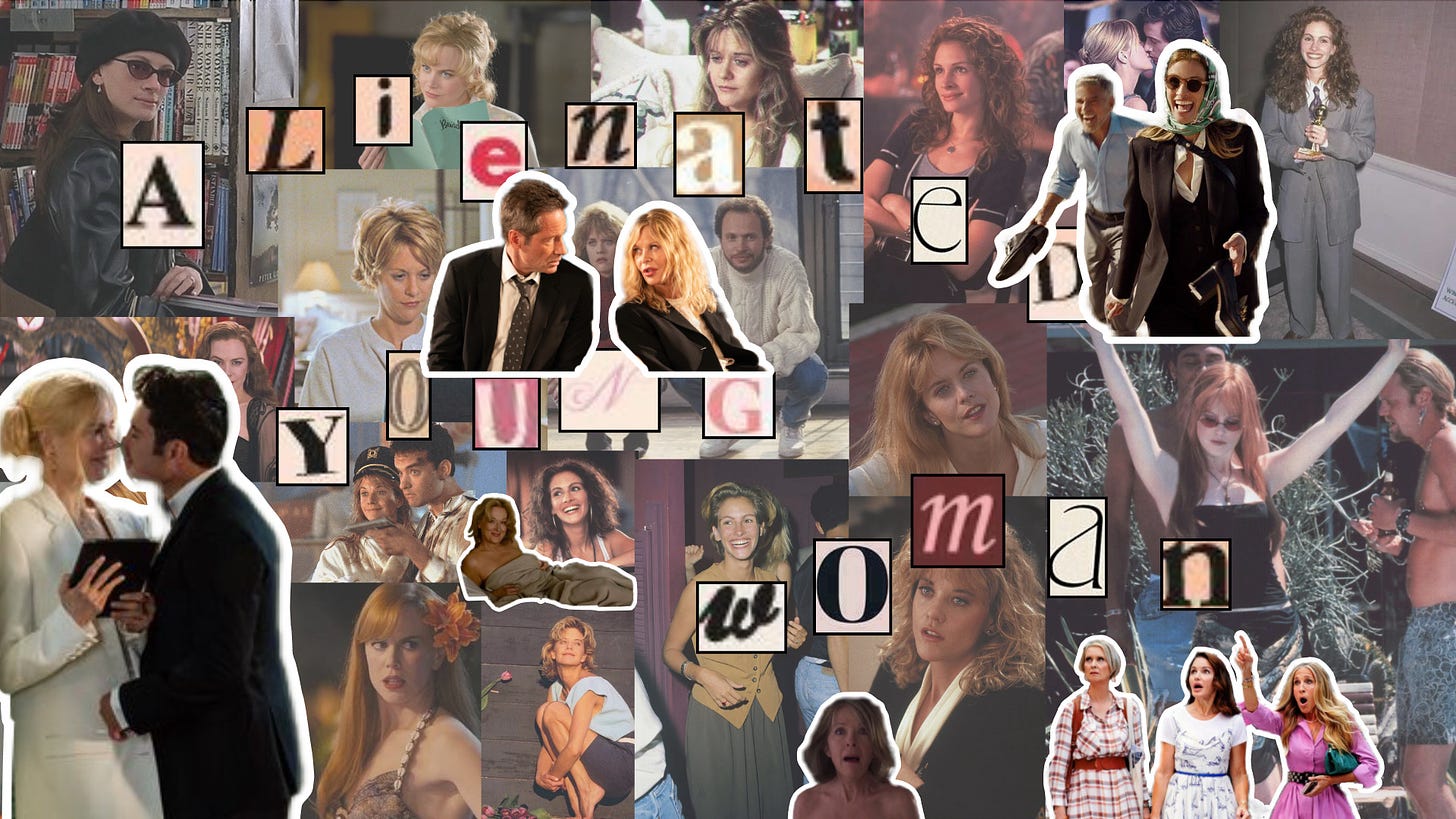 Collage: various images of Nicole Kidman, Julia Roberts, and Meg Ryan overlayed with magazine letters spelling out the words “Alienated Young Woman.” Stickers surround the text showing Kidman and Zac Efron in the movie “A Family Affair,” Ryan and David Duchovny in the movie “What Happens Later,” Roberts and George Clooney in the movie “Ticket to Paradise,” as well as images of Diane Keaton, Meryl Streep, Cynthia Nixon, Kristin Davis, and Sarah Jessica Parker.