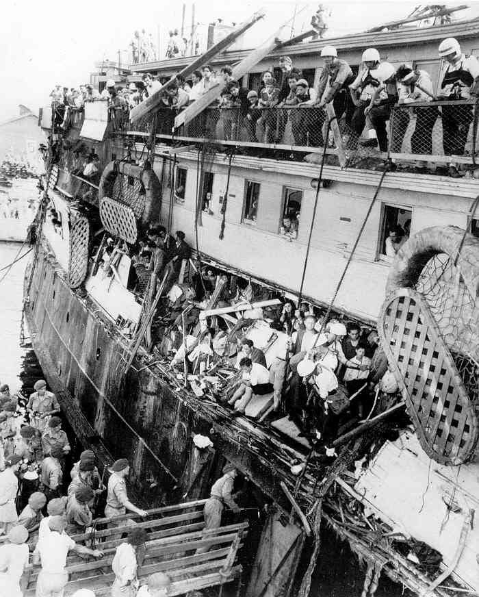 Israel. A Haganah refugee ship Exodus-1947 impounded by the British at Haifa, July 1947.