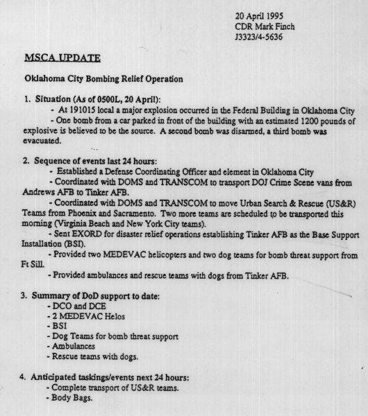The DOD memo of April 20th 1995 states plainly that two extra bombs were found in the Murrah building and most importantly The DOD memo of April 20th 1995 states plainly that two extra bombs were found in the Murrah building and most importantly