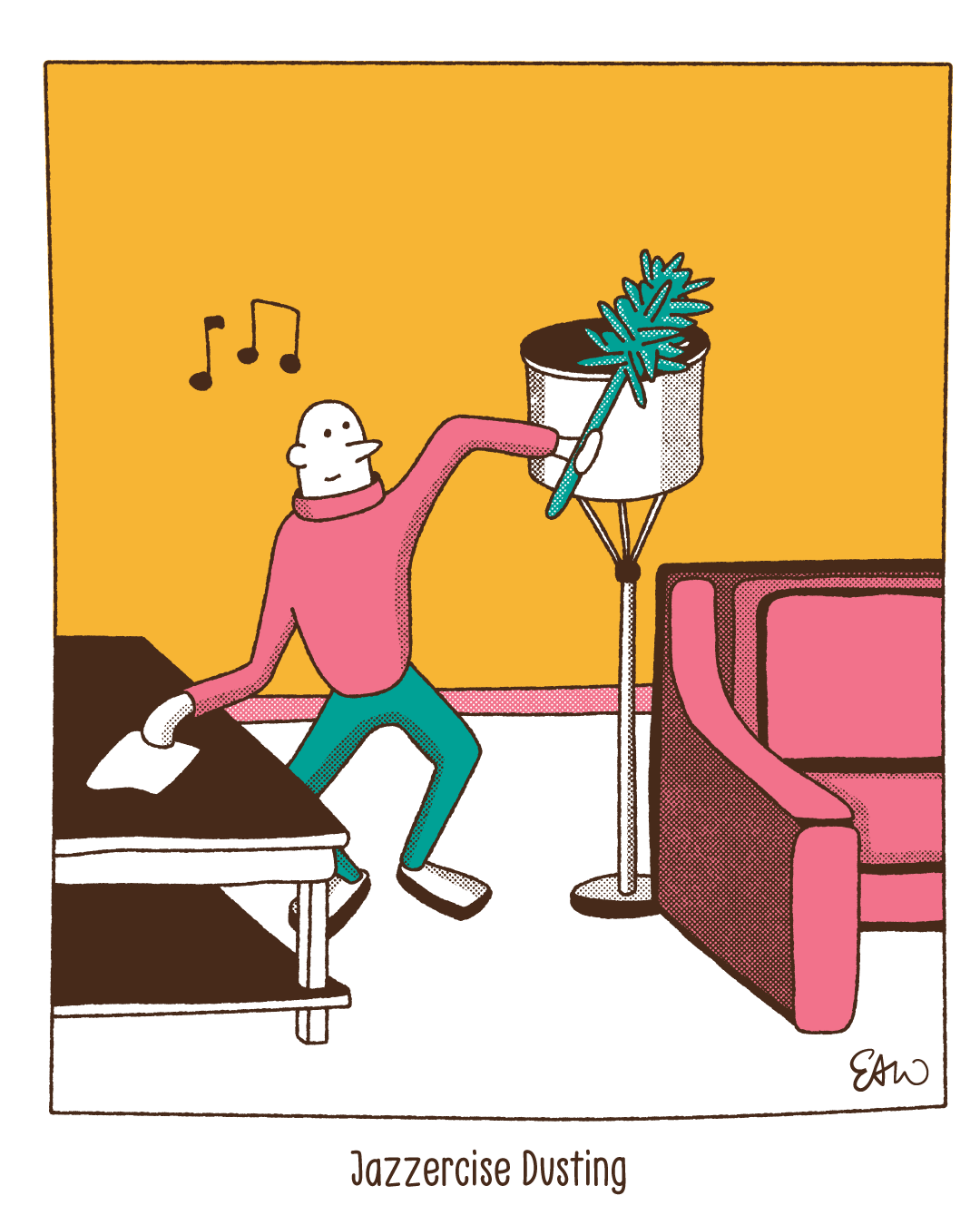 Illustration of a person dusting a lamp shade in a living room. Musical notes are above the person's head and the caption reads, Jazzercise Dusting.