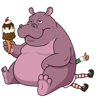 Bitmoji of the author in candy cane striped stockings and elf shoes, squashed under the butt of a huge hippo who is happily eating a triple decker ice cream cone. Her arm sneaks out from underneath the with the thumbs up sign.