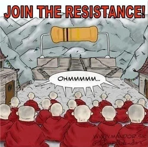 A cartoon showing a room full of shaven head monks chanting "Ohm" before a giant electrical resistor.