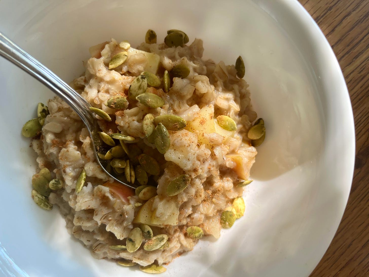 A close-up image of a bowl of oatmeal with cinnamon and pumpkin seeds sprinkled on top