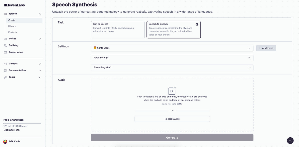 Screenshot of the website of ElevenLabs, Speech Synthesis menu for Voice Cloning