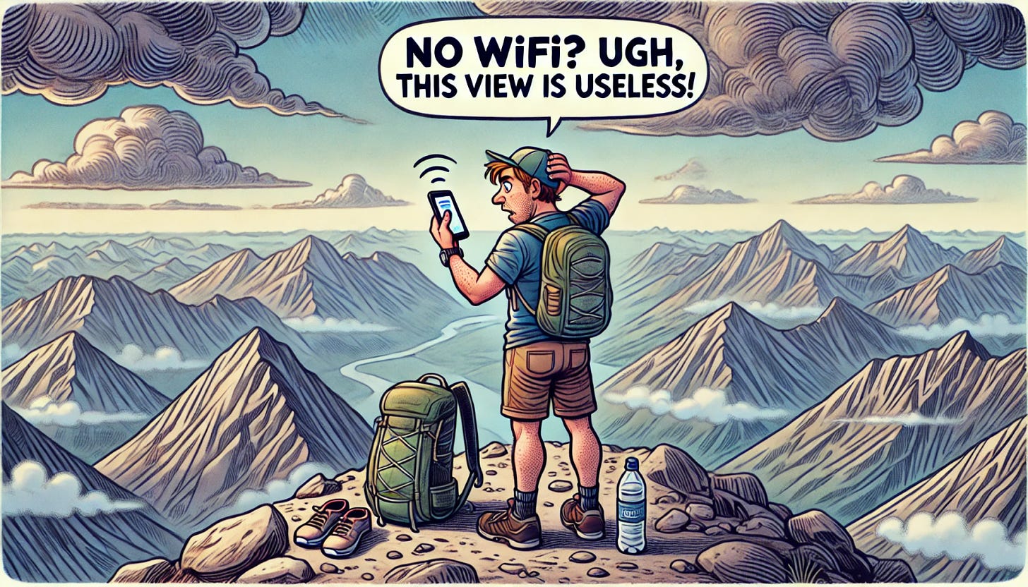 Cartoon illustration: A man stands at the peak of a mountain, looking exhausted and sweaty, surrounded by a stunning view of mountains, valleys, and a clear sky. He holds up his smartphone with a frustrated expression, saying “No WiFi? Ugh, this view is useless!