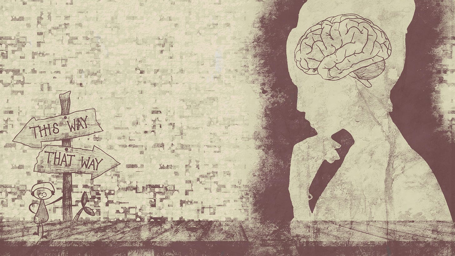 drawing of a woman with her brain visible, looking at signs saying this way or that way.