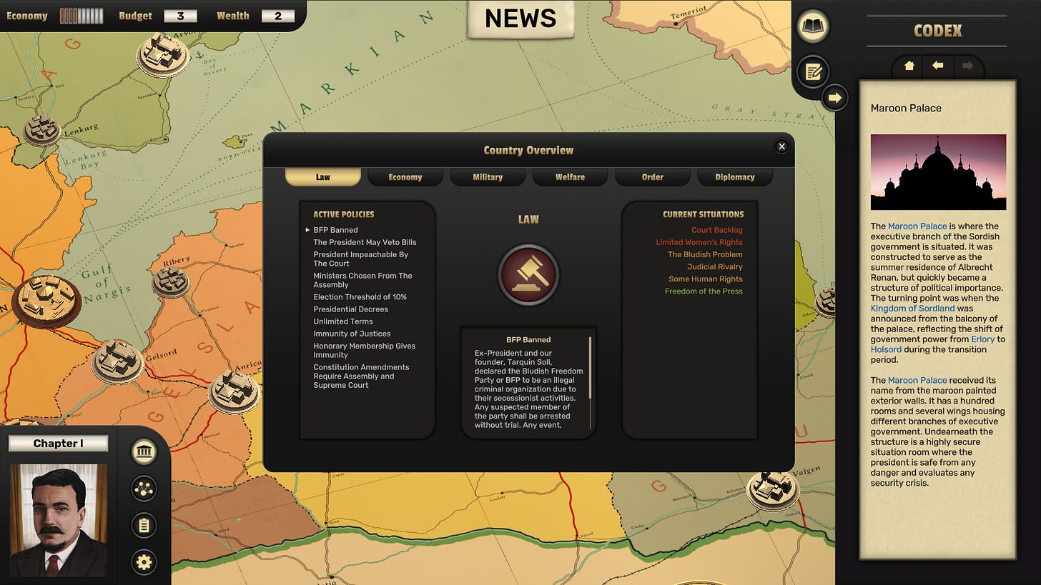 A screenshot from Chapter 1 showing the country overview and the codex entry for the "Maroon Palace"