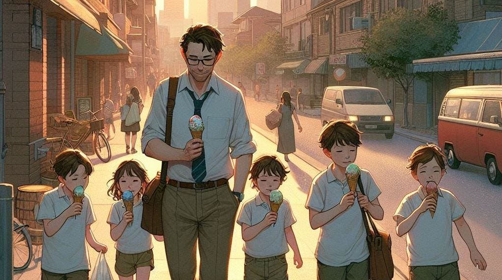 A father walking with his children down the sidewalk, all eating ice cream