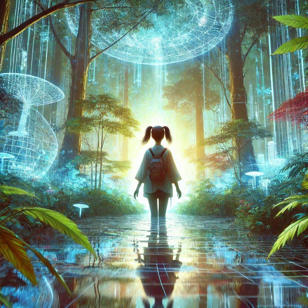 a young girl in a holographic rainforest, solarpunk digital art