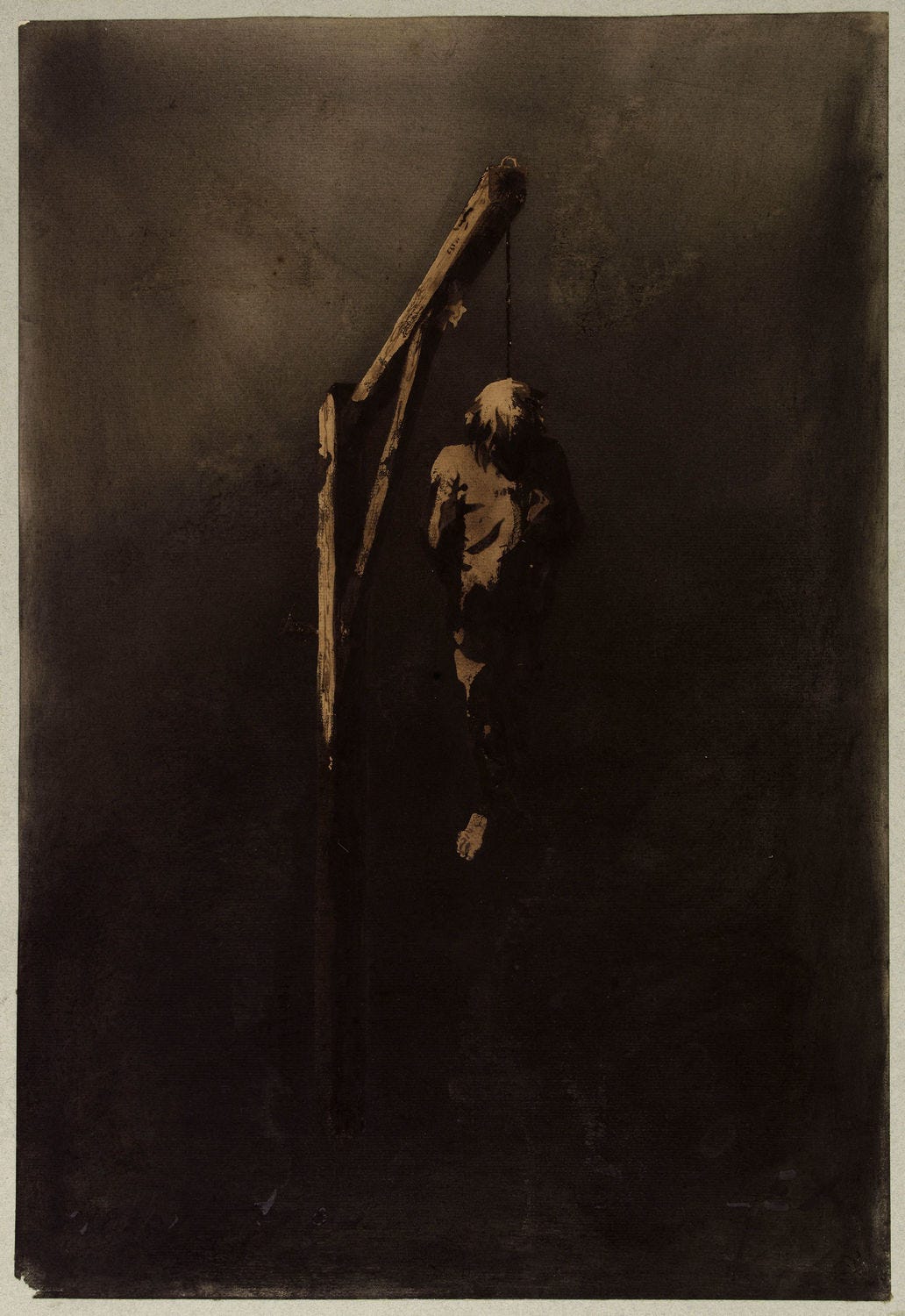 Victor Hugo, Ecce Lex (Le pendu) (Ecce Lex [hanged man]), 1854. Brown ink, brown and black wash, graphite, charcoal, and white gouache on paper. 20 × 13 3/4 in. (50.8 × 34.9 cm). Maisons de Victor Hugo, Paris / Guernesey. MVHP.D.967 © Maisons de Victor Hugo, Paris / Guernesey / Roger-Viollet