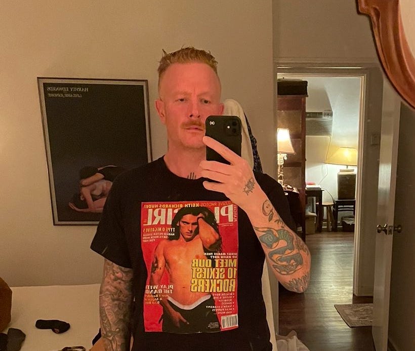 Max Collins mirror selfie with Peter Steele Playgirl cover shirt