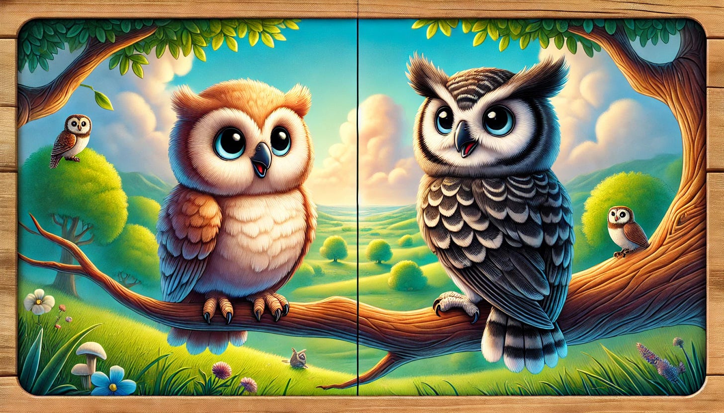 A whimsical, cartoon-style illustration of two owls perched side by side on a tree branch in widescreen format. The owls are distinct species, with one having a round, fluffy appearance with large eyes and soft, light-colored feathers, while the other is sleek with sharp, angular features and darker, patterned plumage. They are gazing out over a serene, pastoral woodland scene, with rolling green hills, scattered trees, and a soft blue sky with fluffy clouds. The scene is colorful and cheerful, with a charming, storybook-like feel.