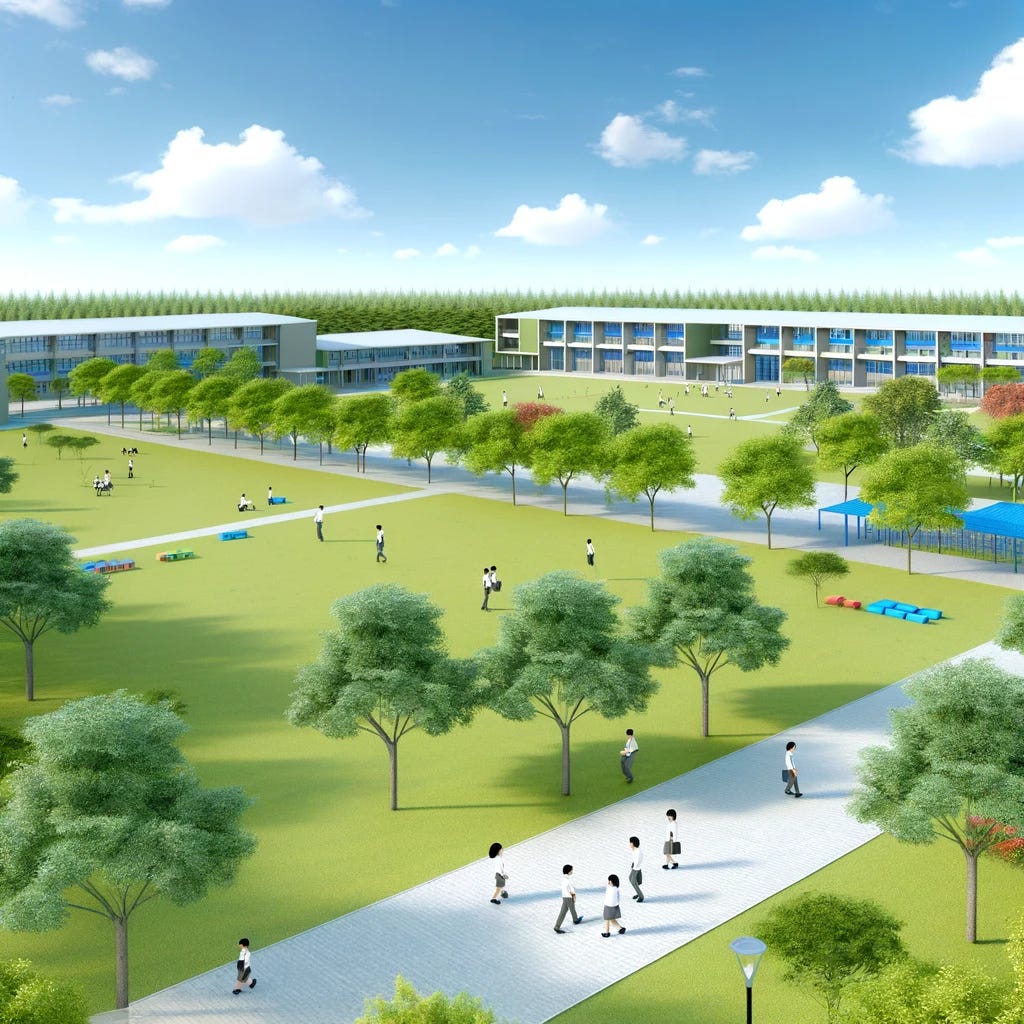 An expansive open school campus with abundant green spaces. The campus features several modern, low-rise educational buildings scattered across a large area. Between these buildings, there are vast lawns, mature trees, and well-maintained walking paths. Students can be seen leisurely walking or sitting in groups, enjoying the outdoors. The setting is sunny with blue skies and fluffy clouds, creating a vibrant and inviting educational environment. This illustration should emphasize the openness and the integration of nature within the campus design.