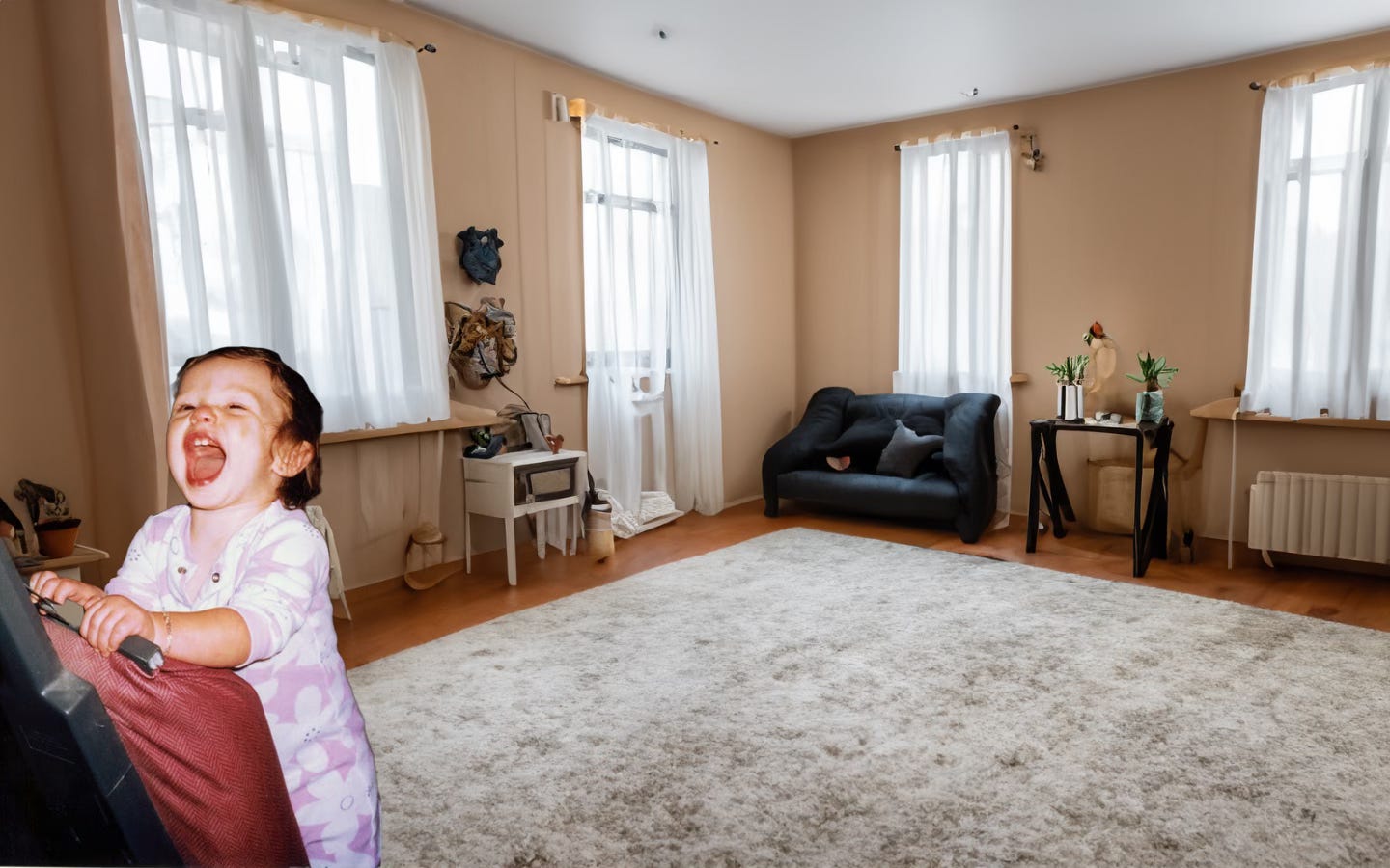 Little girl standing on vacuum