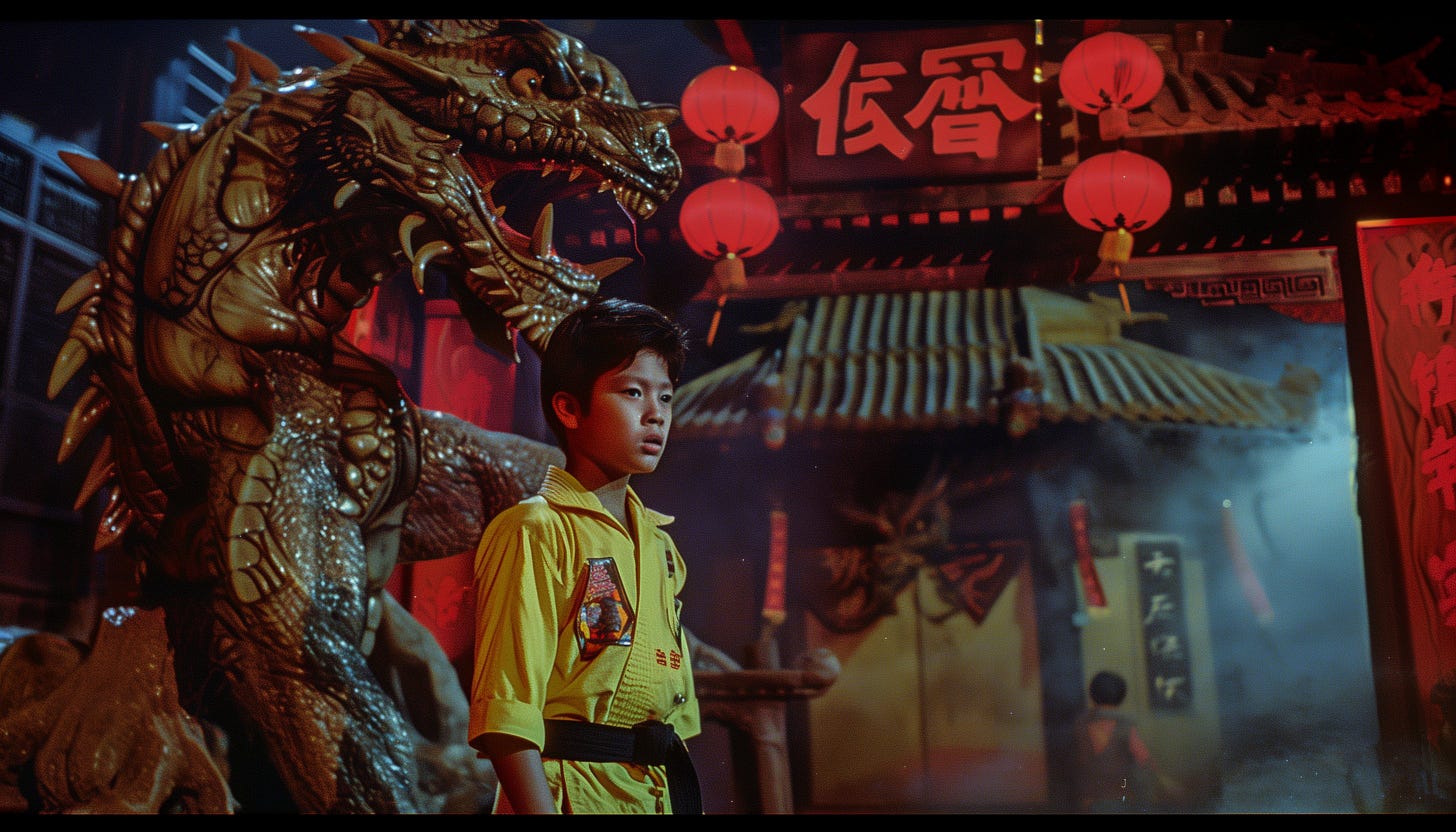 80s slasher film still theatre poster | a karate kid next to an ancient monster | cursed night and tense atmosphere | backstreet background --s 120 --style raw --ar 7:4 --v 6.0