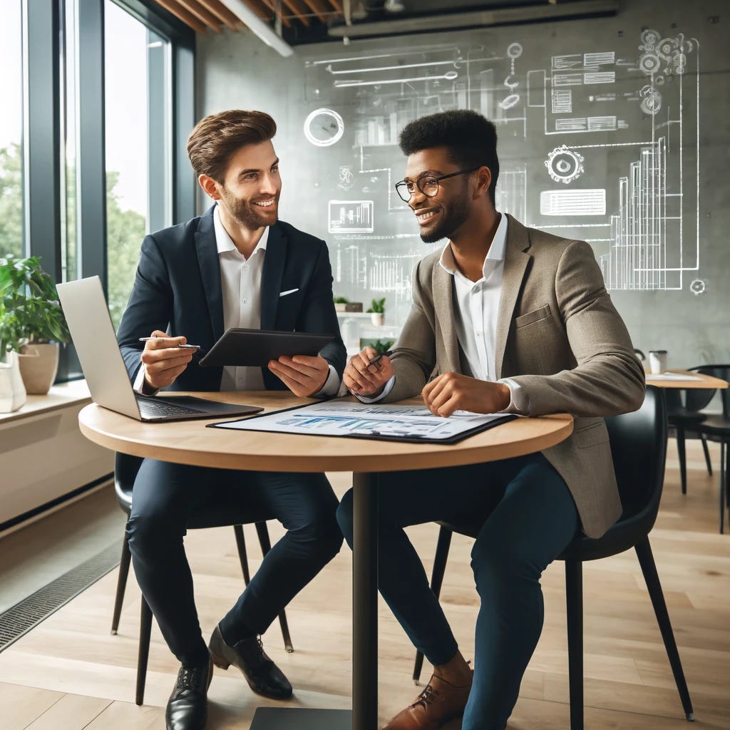 An account executive and a solution architect collaborating in a modern office setting. The account executive is dressed in professional business attire, holding a tablet and discussing with the solution architect, who is casually dressed and working on a laptop. They are sitting at a round table with diagrams and charts spread out. The office has large windows, indoor plants, and a whiteboard with technical sketches in the background. Both individuals are engaged and smiling, showcasing teamwork and partnership.