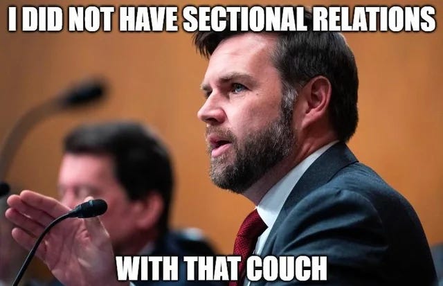 JD Vance speaking in to a microphone, saying "I did not have sectional relations with that couch"