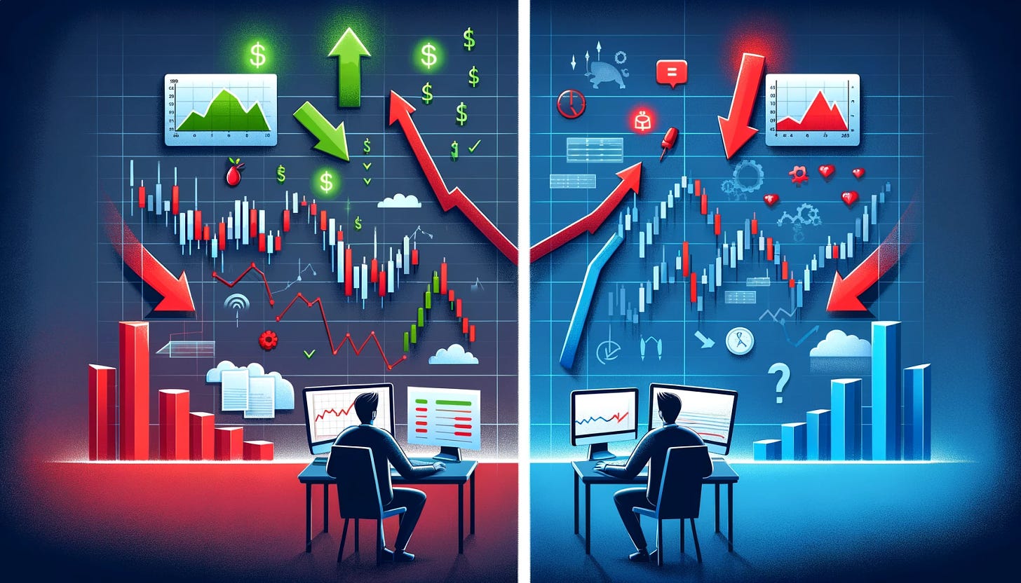 Illustration depicting the stock market decision-making process with a split scene in a horizontal rectangle format. On the left side, a character studies charts and reports, indicating a time to buy stocks, surrounded by symbols of growth like upward arrows and green lights. On the right side, the same character decides to sell, surrounded by red lights and downward arrows, indicating a market peak or a decision to take profits. The scene conveys the careful analysis and timing involved in buying and selling stocks, with a clear divide between the two actions.