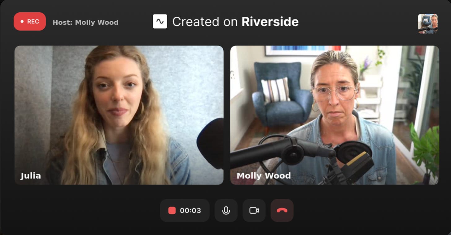 A screenshot from the recording of Sway CEO Julia Marsh talking with Molly Wood. Everyone looks serious about the plastic situation, but Julia is hopeful, because seaweed is freaking amazing.