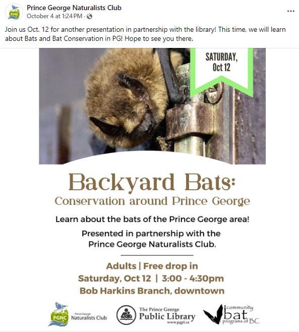 Join us Oct. 12 for another presentation in partnership with the library! This time, we will learn about Bats and Bat Conservation in PG! Hope to see you there. Event is Oct. 12 at the downtown library.