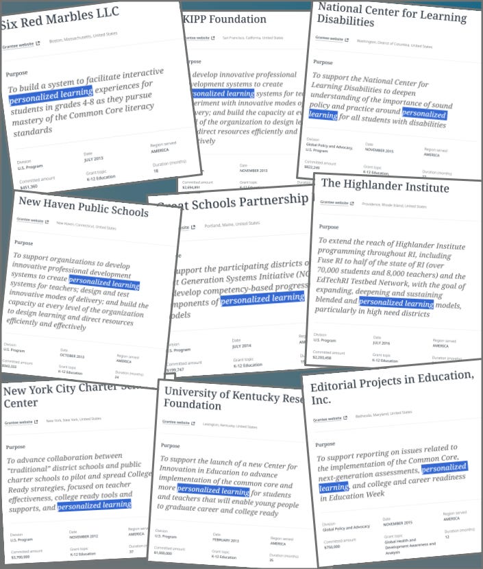 Lots of screenshots from Bill Gates' blog about grants to personalized learning projects